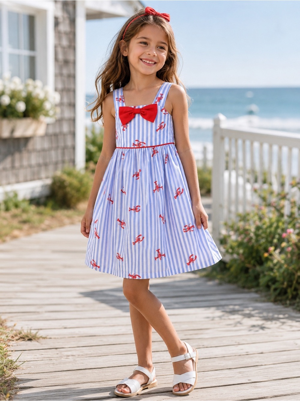 Tommy Bahama Kids NWT Lobster Stripe Dress Blue Red Bow Sz 5 Nautical Beach Luxe